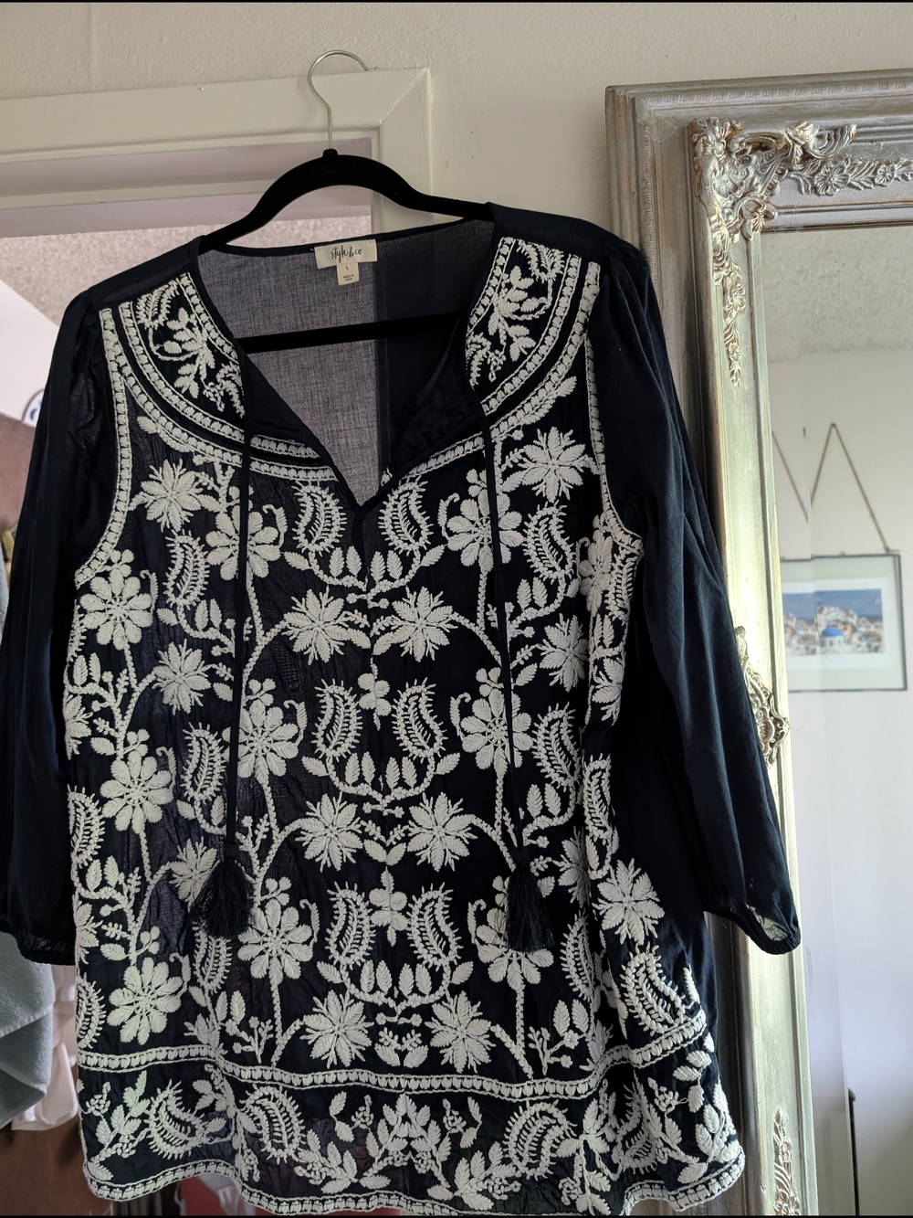 Style & Co. Navy Tunic with White Floral Embroidery